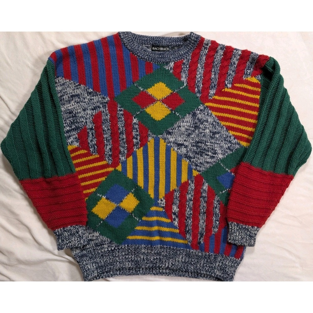 Vintage Bachrach Sweater Mens L Gray Geometric Wool Blend Fisherman Retro 90s